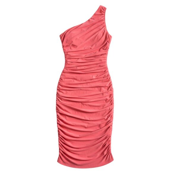 Anthropologie Norma Kamali One Shoulder Ruched Midi Dress Coral M Designer - Picture 2 of 8